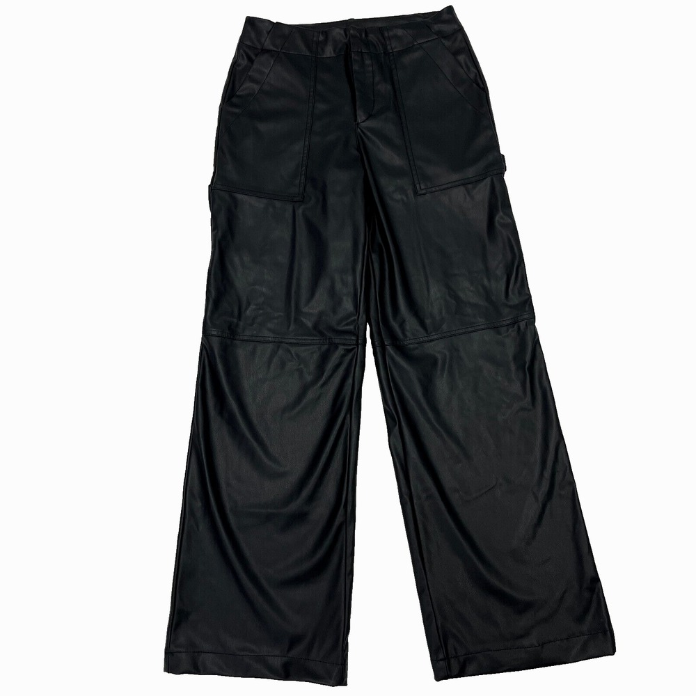 ZARA Black Carpenter Cargo Faux Leather Pants Vegan Straight Leg Size Small